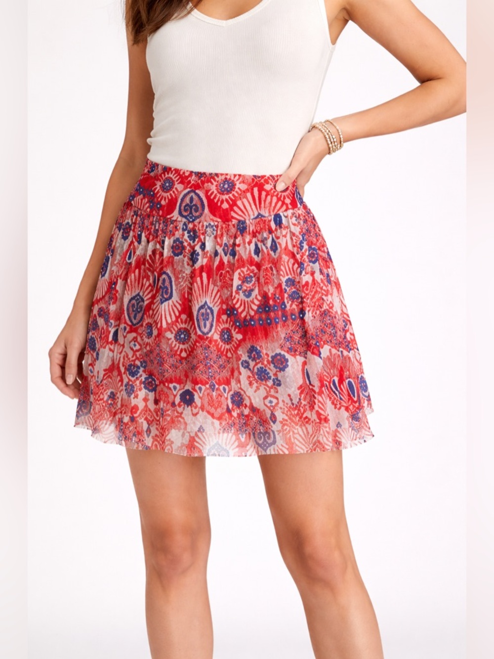 Anthropologie Weston Wear Layered Mini Skirt Red Blue Boho Print Raw Hem S